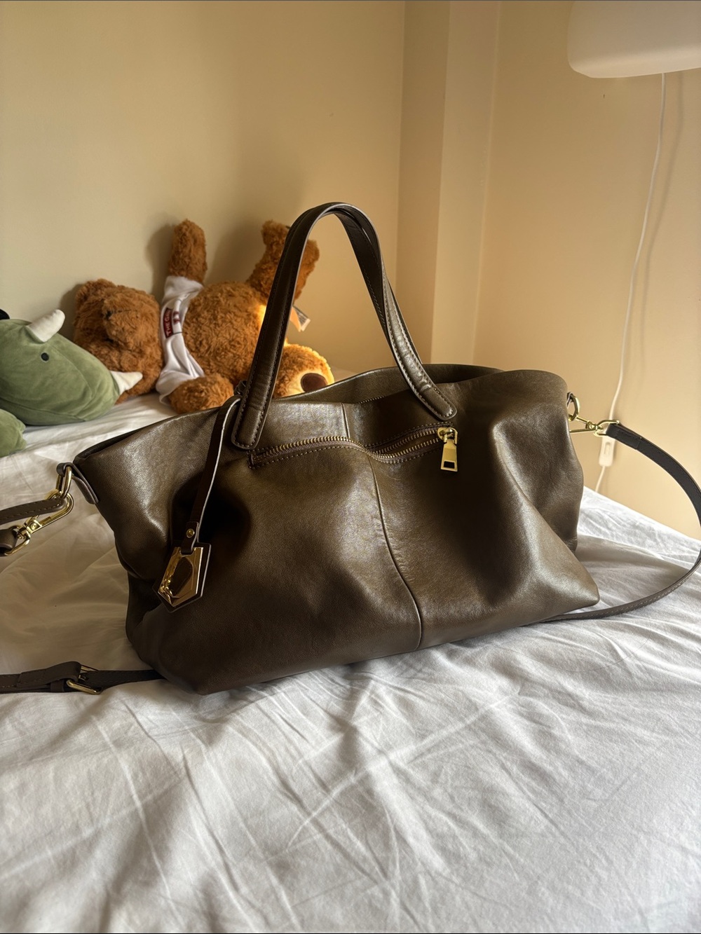 Leather Tote Bag in Olive Brown w/ Detachable Crossbody Strap